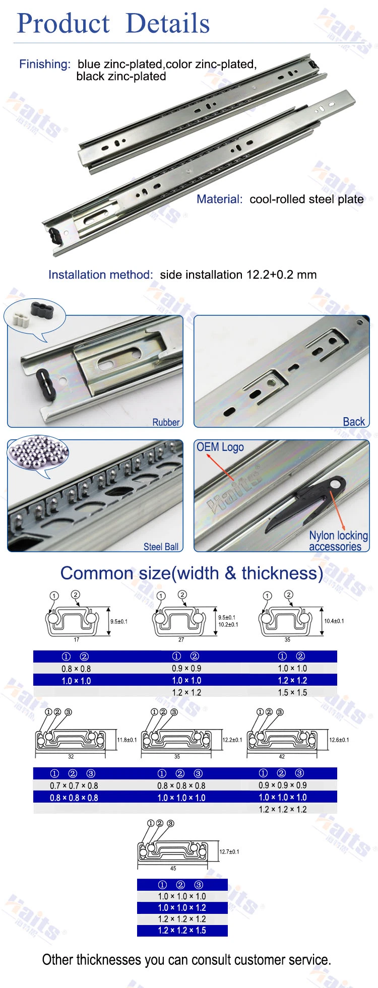 High Quality 45mm Iron Full Extension Ball Bearing Slide Runner Rail