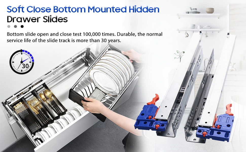 Full Extension Undermount Soft Close Drawer Slides Bottom Loading with Smooth Sliding