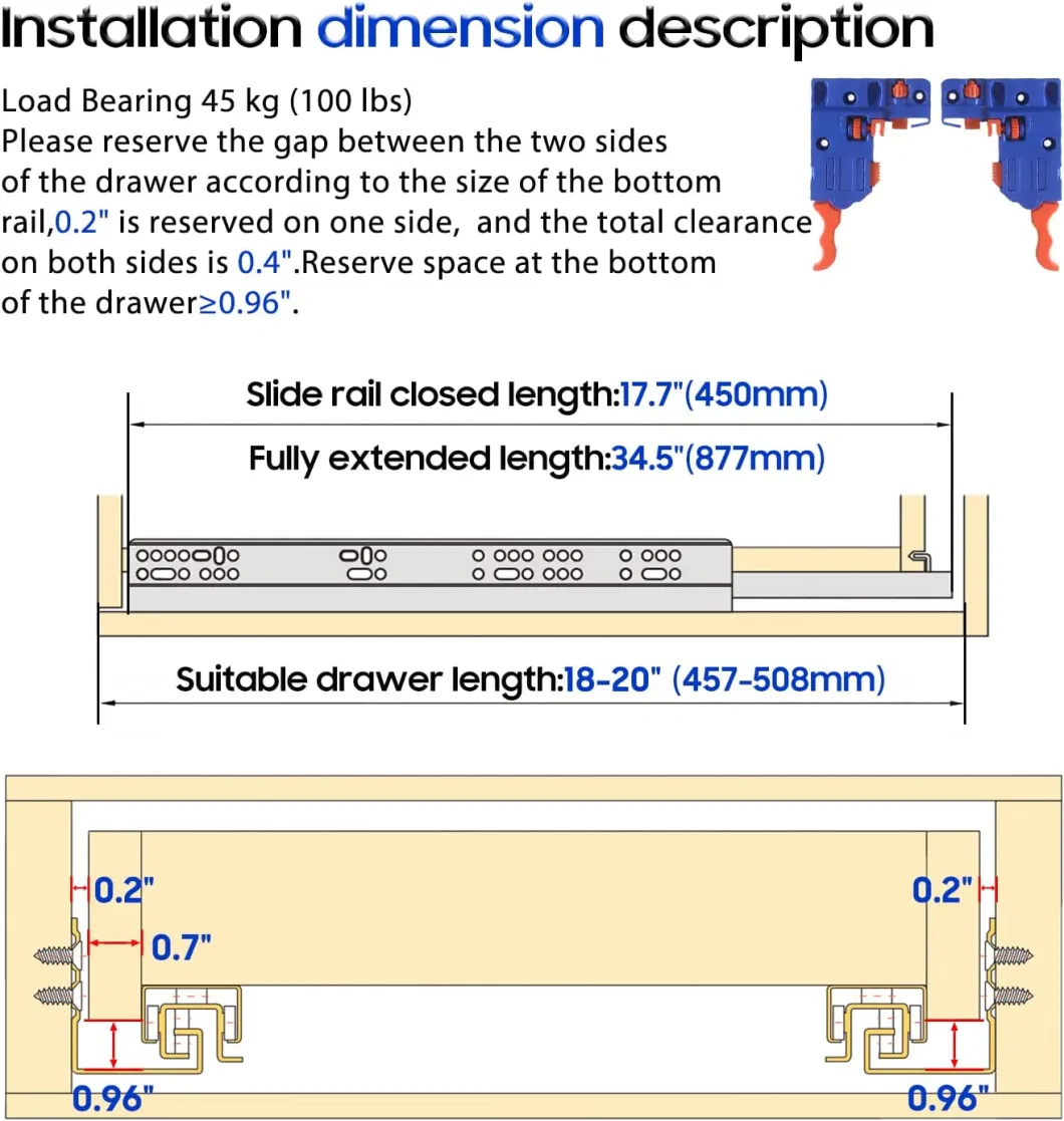 Full Extension Undermount Soft Close Drawer Slides Bottom Loading with Smooth Sliding